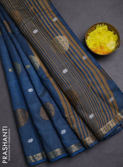 Semi raw silk saree peacock blue with allover thread & zari woven floral buttas and small zari woven border