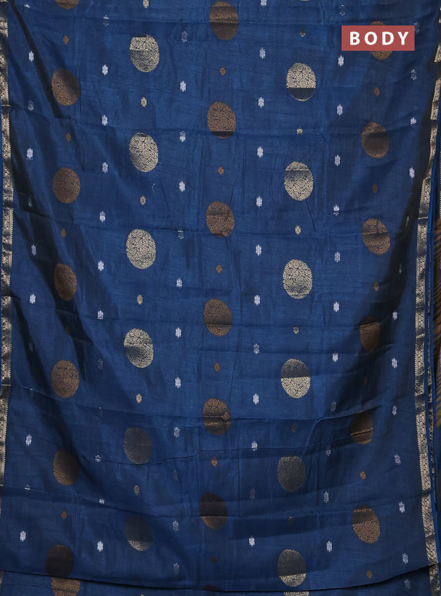 Semi raw silk saree peacock blue with allover thread & zari woven floral buttas and small zari woven border