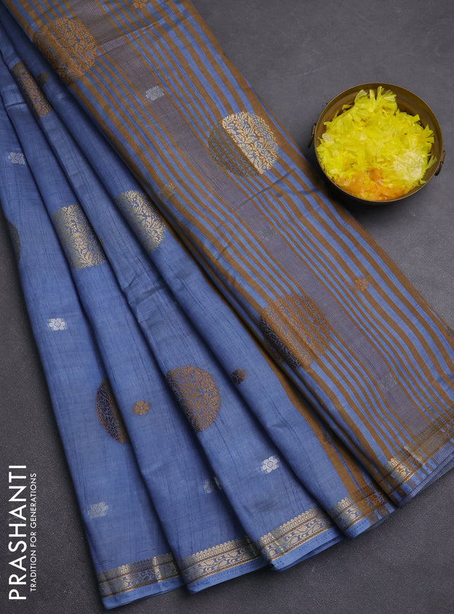 Semi raw silk saree pastel blue with allover thread & zari woven floral buttas and small zari woven border