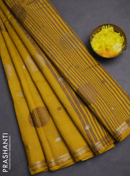 Semi raw silk saree mustard yellow with allover thread & zari woven floral buttas and small zari woven border