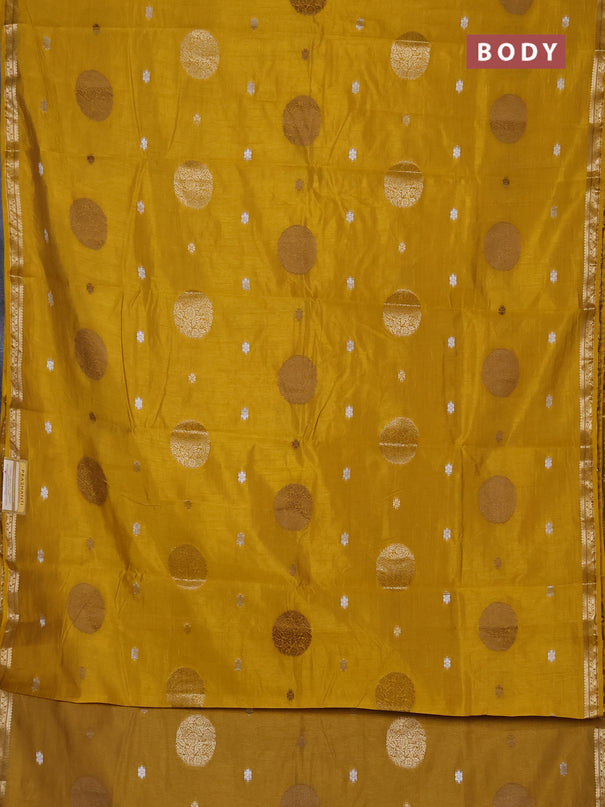 Semi raw silk saree mustard yellow with allover thread & zari woven floral buttas and small zari woven border