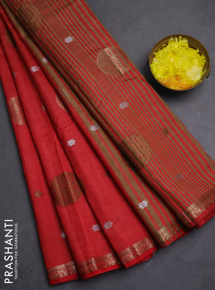 Semi raw silk saree red with allover thread & zari woven floral buttas and small zari woven border