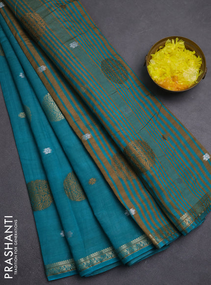 Semi raw silk saree teal blue with allover thread & zari woven floral buttas and small zari woven border