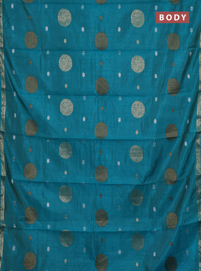 Semi raw silk saree teal blue with allover thread & zari woven floral buttas and small zari woven border
