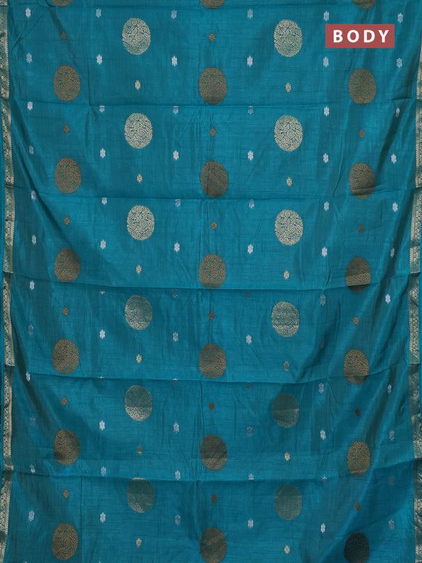Semi raw silk saree teal blue with allover thread & zari woven floral buttas and small zari woven border