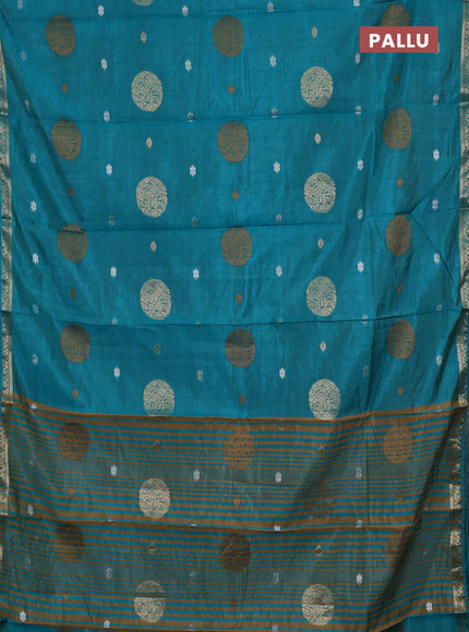Semi raw silk saree teal blue with allover thread & zari woven floral buttas and small zari woven border
