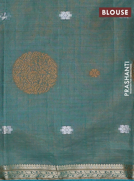 Semi raw silk saree teal blue with allover thread & zari woven floral buttas and small zari woven border