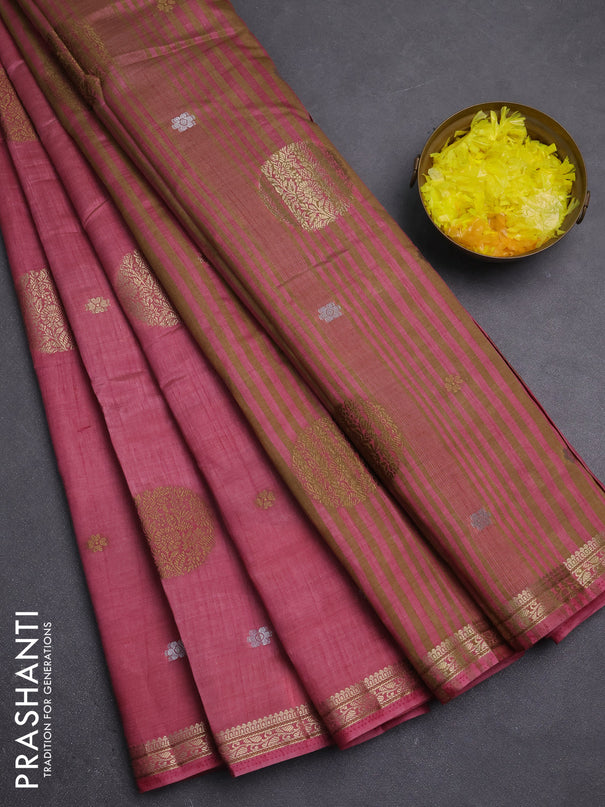 Semi raw silk saree mauve pink with allover thread & zari woven floral buttas and small zari woven border