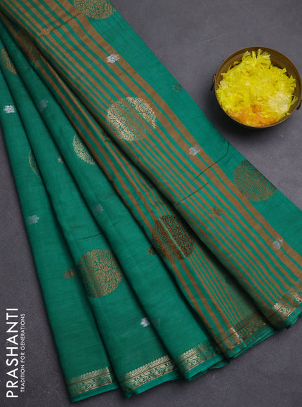 Semi raw silk saree teal green with allover thread & zari woven floral buttas and small zari woven border