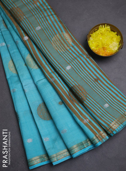 Semi raw silk saree teal blue with allover thread & zari woven floral buttas and small zari woven border