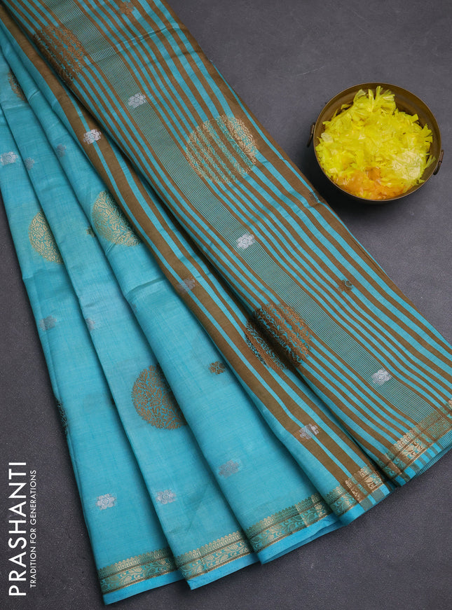 Semi raw silk saree teal blue with allover thread & zari woven floral buttas and small zari woven border