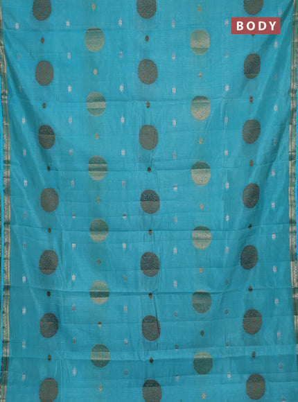 Semi raw silk saree teal blue with allover thread & zari woven floral buttas and small zari woven border