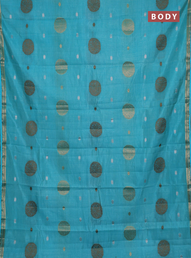 Semi raw silk saree teal blue with allover thread & zari woven floral buttas and small zari woven border