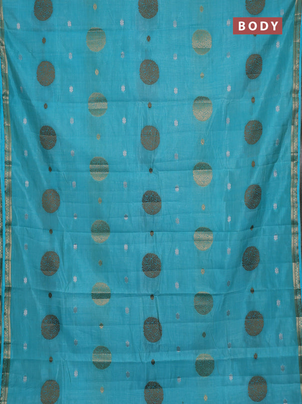 Semi raw silk saree teal blue with allover thread & zari woven floral buttas and small zari woven border