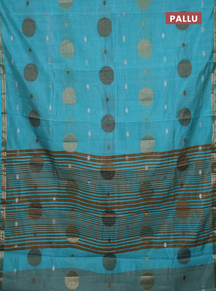 Semi raw silk saree teal blue with allover thread & zari woven floral buttas and small zari woven border