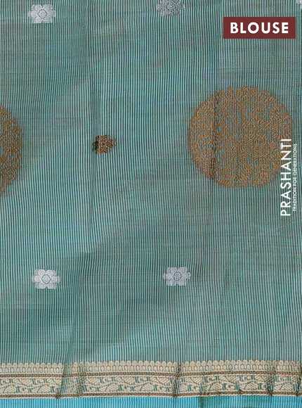 Semi raw silk saree teal blue with allover thread & zari woven floral buttas and small zari woven border