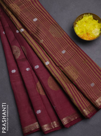 Semi raw silk saree deep wine shade with allover thread & zari woven floral buttas and small zari woven border