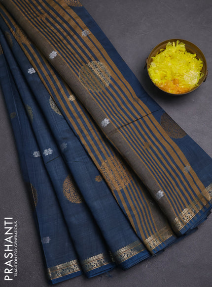 Semi raw silk saree peacock blue with allover thread & zari woven floral buttas and small zari woven border