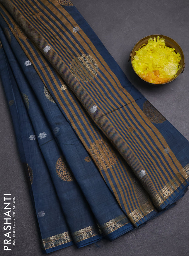 Semi raw silk saree peacock blue with allover thread & zari woven floral buttas and small zari woven border