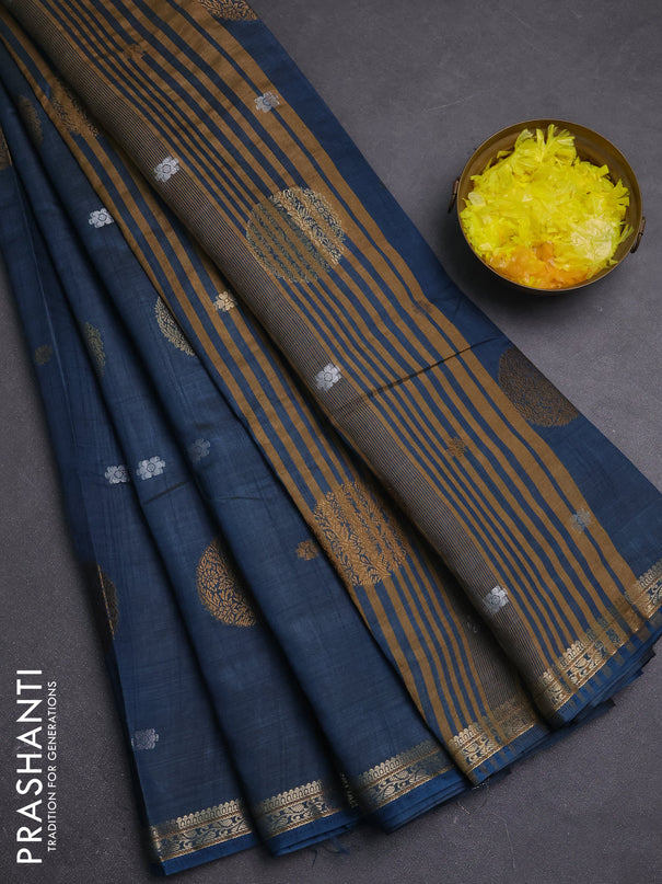 Semi raw silk saree peacock blue with allover thread & zari woven floral buttas and small zari woven border