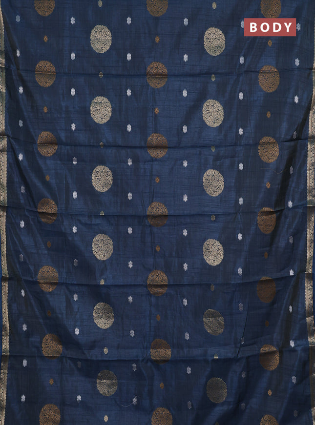 Semi raw silk saree peacock blue with allover thread & zari woven floral buttas and small zari woven border