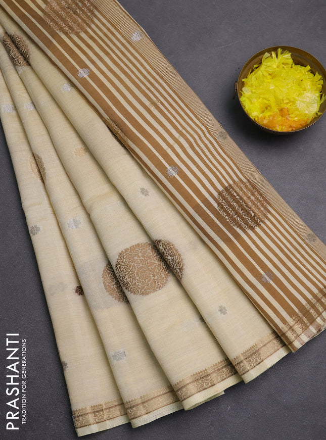 Semi raw silk saree cream with allover thread & zari woven floral buttas and small zari woven border