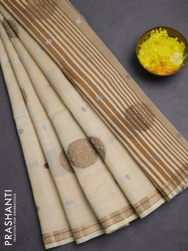Semi raw silk saree cream with allover thread & zari woven floral buttas and small zari woven border