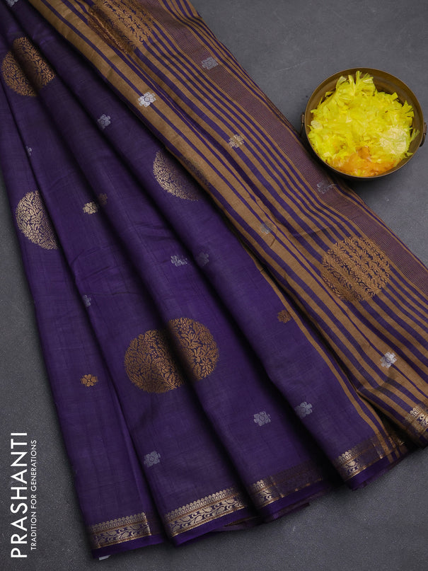 Semi raw silk saree violet with allover thread & zari woven floral buttas and small zari woven border