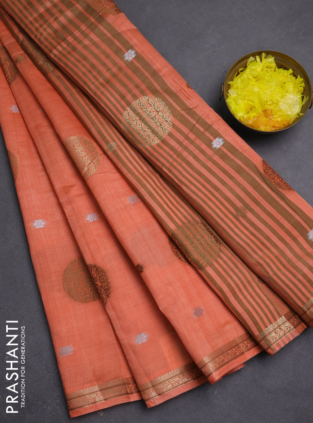 Semi raw silk saree peach orange with allover thread & zari woven floral buttas and small zari woven border