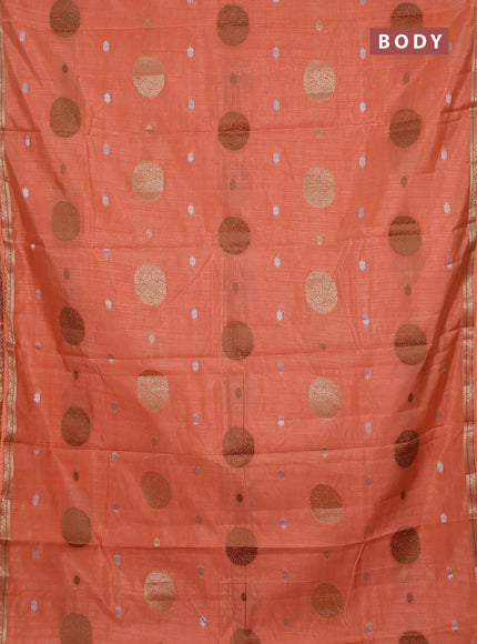 Semi raw silk saree peach orange with allover thread & zari woven floral buttas and small zari woven border