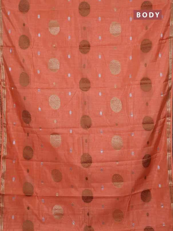 Semi raw silk saree peach orange with allover thread & zari woven floral buttas and small zari woven border