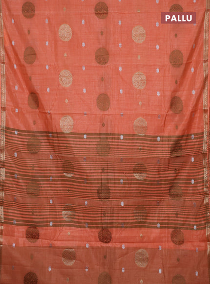 Semi raw silk saree peach orange with allover thread & zari woven floral buttas and small zari woven border