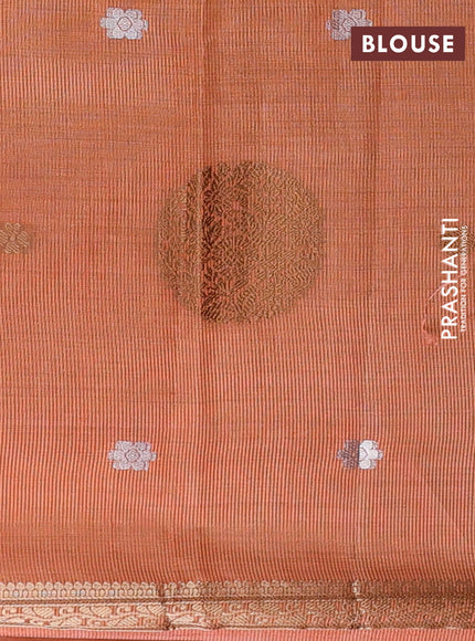 Semi raw silk saree peach orange with allover thread & zari woven floral buttas and small zari woven border