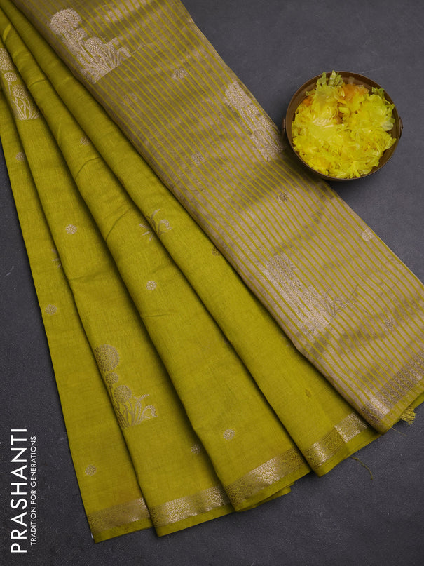 Semi raw silk saree light green with zari woven buttas and small zari woven border