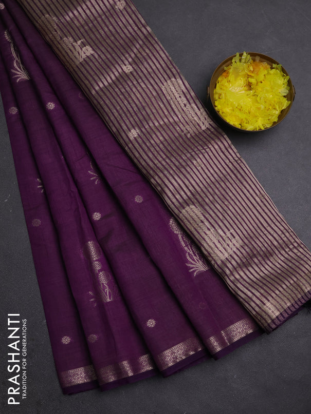 Semi raw silk saree deep purple with zari woven buttas and small zari woven border