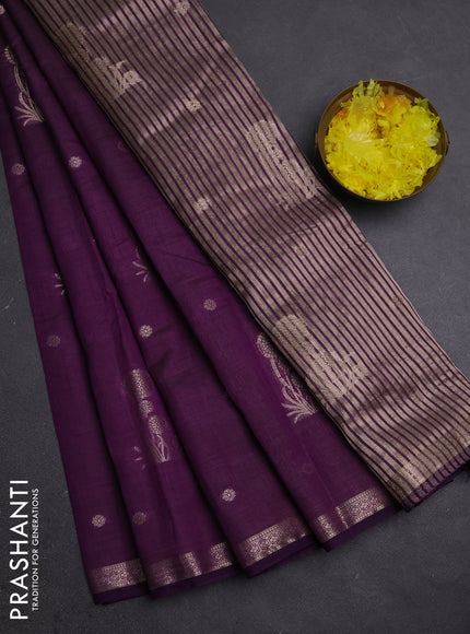 Semi raw silk saree deep purple with zari woven buttas and small zari woven border