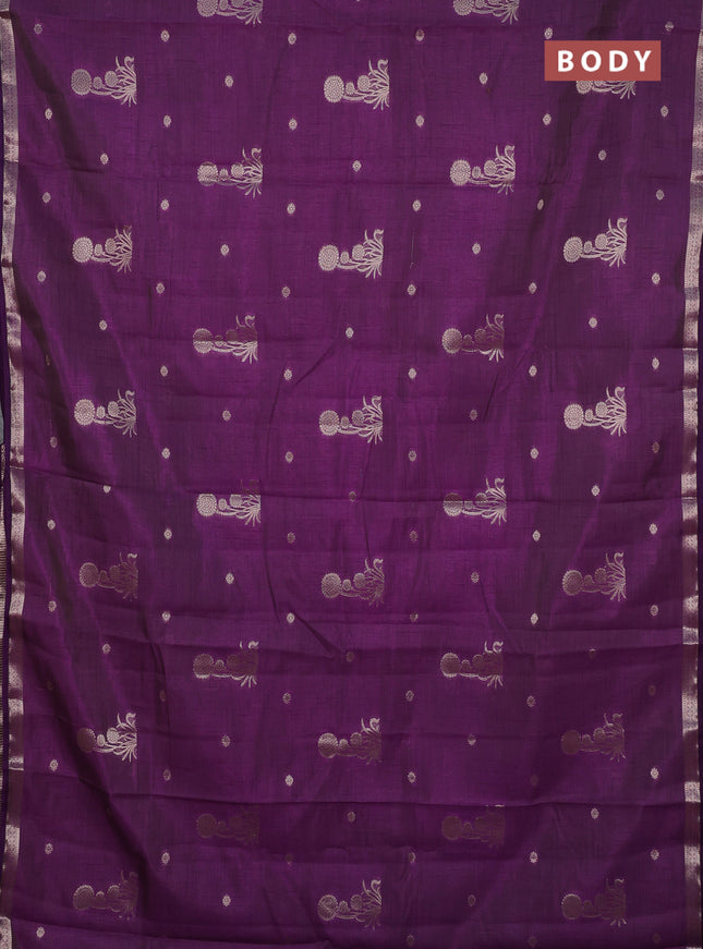 Semi raw silk saree deep purple with zari woven buttas and small zari woven border