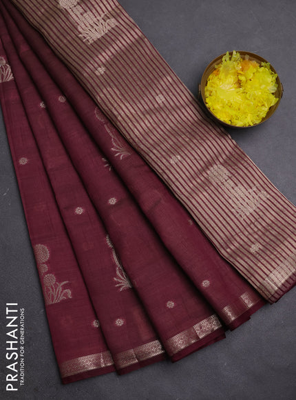 Semi raw silk saree deep wine shade with zari woven buttas and small zari woven border
