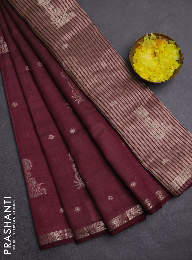 Semi raw silk saree deep wine shade with zari woven buttas and small zari woven border