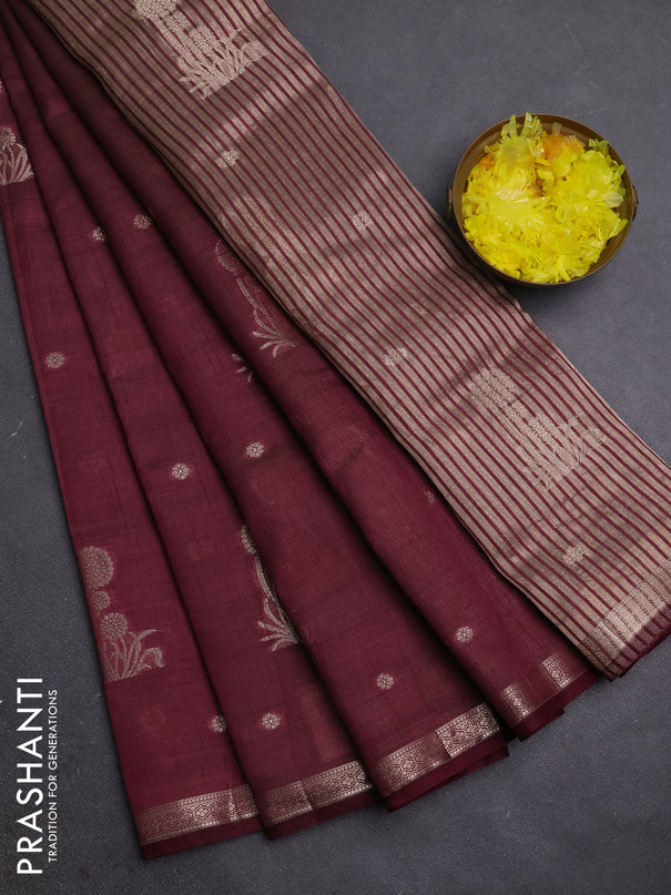 Semi raw silk saree deep wine shade with zari woven buttas and small zari woven border