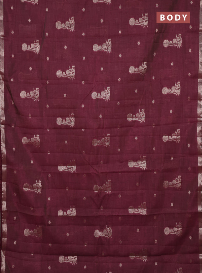 Semi raw silk saree deep wine shade with zari woven buttas and small zari woven border