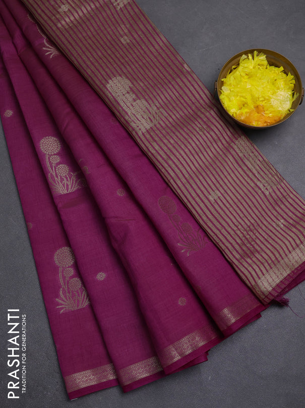 Semi raw silk saree dark pink with zari woven buttas and small zari woven border