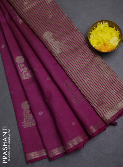 Semi raw silk saree dark pink with zari woven buttas and small zari woven border