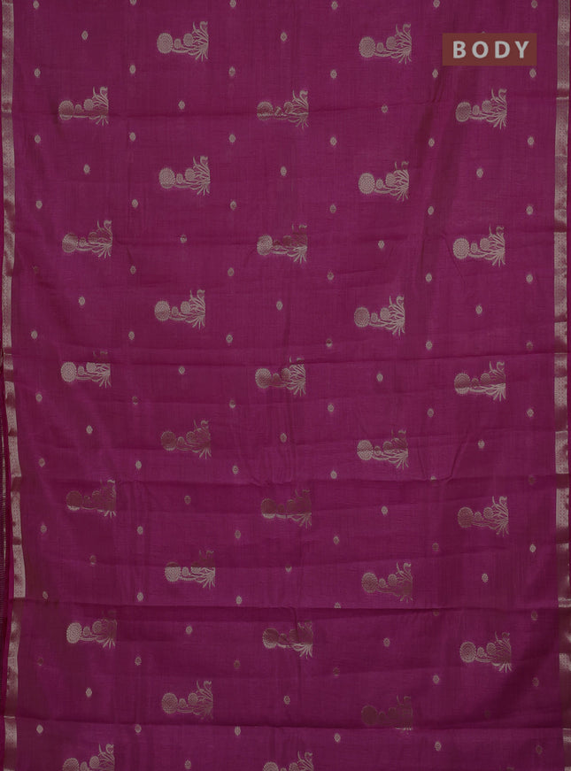 Semi raw silk saree dark pink with zari woven buttas and small zari woven border