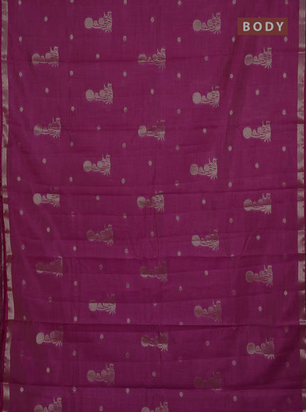 Semi raw silk saree dark pink with zari woven buttas and small zari woven border