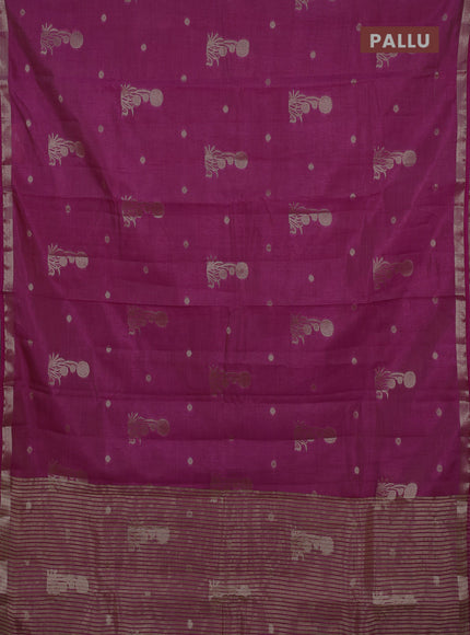 Semi raw silk saree dark pink with zari woven buttas and small zari woven border