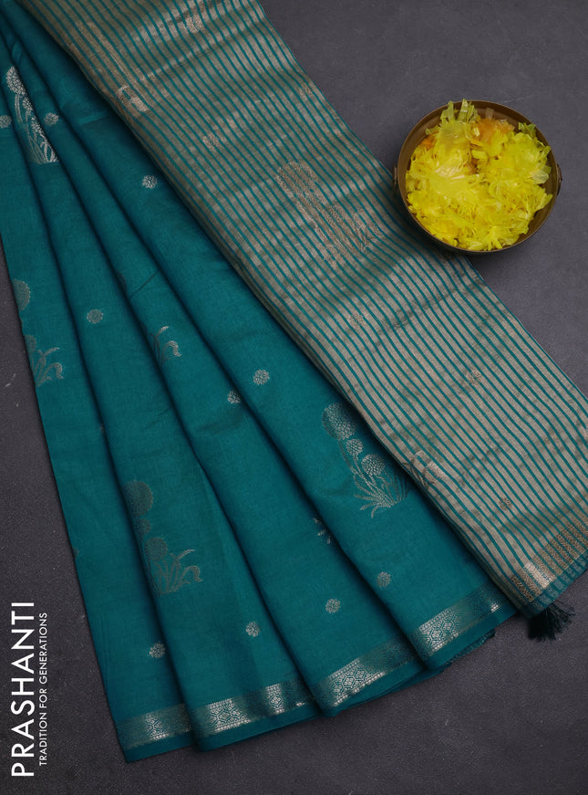 Semi raw silk saree teal blue with zari woven buttas and small zari woven border