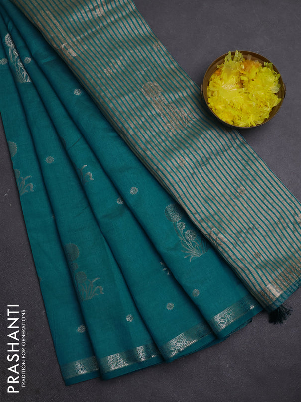 Semi raw silk saree teal blue with zari woven buttas and small zari woven border