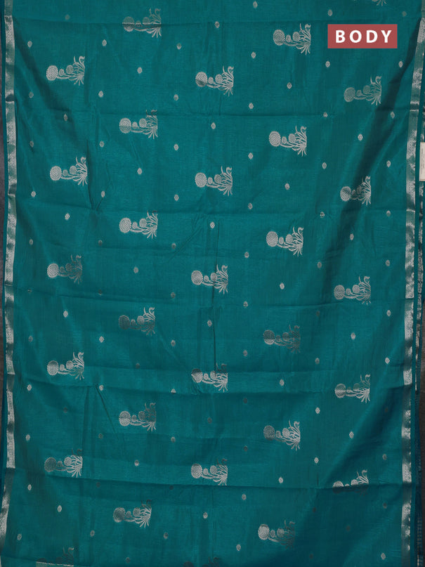 Semi raw silk saree teal blue with zari woven buttas and small zari woven border