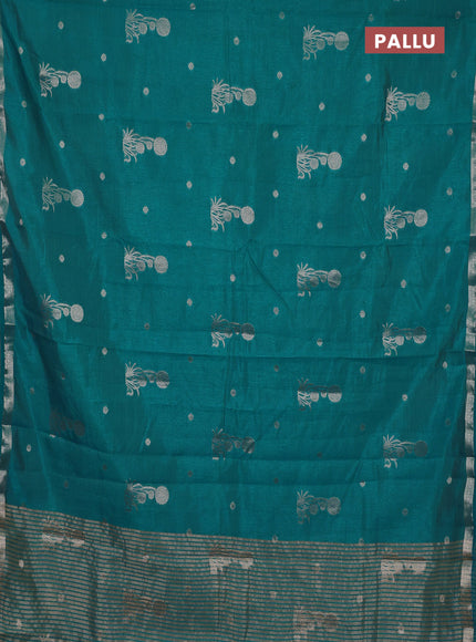 Semi raw silk saree teal blue with zari woven buttas and small zari woven border